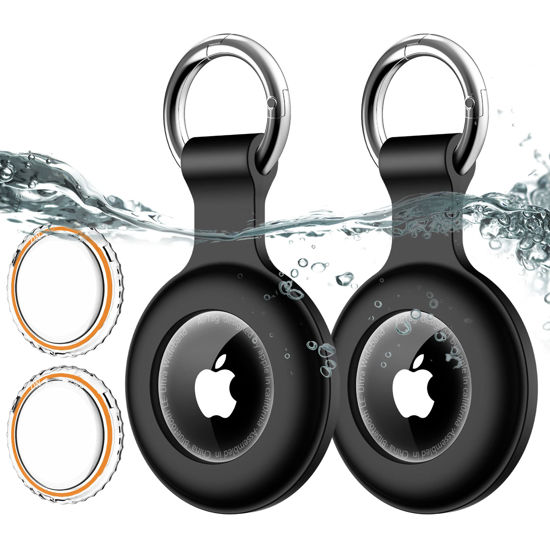 Picture of 2 Pack,IPX8 Waterproof Airtag Holder[PC+Silicone] with Air Tag Keychain for Apple Air Tags,Full Body Shockproof[Anti-Scratch] Air-Tags GPS Item Finders Case for Pets,Bags,Kids,Keys, Luggage-Black