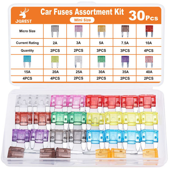 Picture of JOREST 30Pcs Mini Car Fuse Kit - Mini Blade Fuses Automotive - Replacement Fuses Assortment Kit for Car/RV/Truck/Motorcycle(2Amp 3A 5A 7.5A 10A 15A 20A 25A 30A 35A 40A)