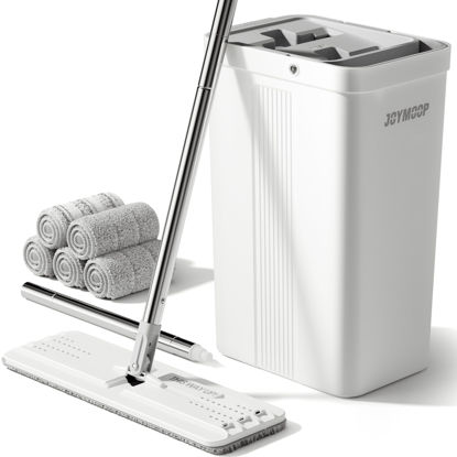 Picture of JOYMOOP Mop and Bucket with Wringer Set, White Flat Squeeze Mop Bucket Set for Floor Cleaning, Wet Dry Mop for Walls, Wall Cleaner with Long Handle, Hardwood Floor Mop-5 Microfiber Cloths