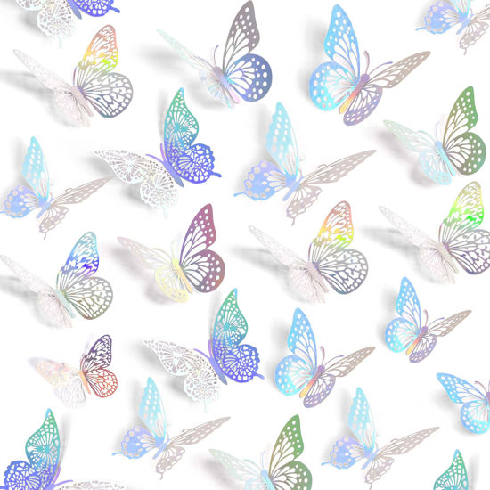 Picture of SAOROPEB 3D Butterfly Wall Decor 48 Pcs 4 Styles 3 Sizes, Butterfly Birthday Decorations Butterfly Party Decorations Cake Decorations, Removable Wall Stickers Room Decor for Kids Nursery Classroom Wedding Decor (Laser)