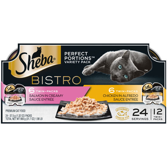 Picture of Sheba Perfect PORTIONS Bistro Wet Cat Food Trays (12 Count, 24 Servings), Chicken in Alfredo Sauce and Salmon in Creamy Sauce Entrée, Easy Peel Twin-Pack Trays