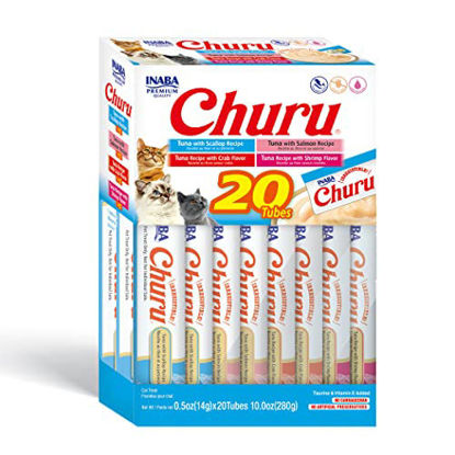 Picture of INABA Churu Cat Treats, Grain-Free, Lickable, Squeezable Creamy Purée Cat Treat/Topper with Vitamin E & Taurine, 0.5 Ounces Each Tube, 20 Tubes, Tuna & Seafood Variety Box