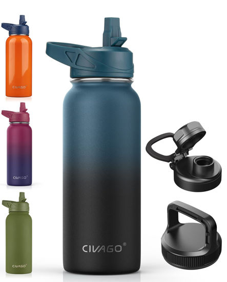 Picture of CIVAGO 32 oz Insulated Water Bottle With Straw, Stainless Steel Sports Water Cup Flask with 3 Lids (Straw, Spout and Handle Lid), Wide Mouth Travel Thermal Mug, Indigo Black