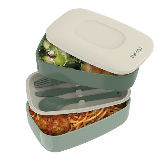 Picture of Bentgo Classic - All-in-One Stackable Bento Lunch Box Container - Modern Bento-Style Design Includes 2 Stackable Containers, Built-in Plastic Utensil Set, and Nylon Sealing Strap (Khaki Green)