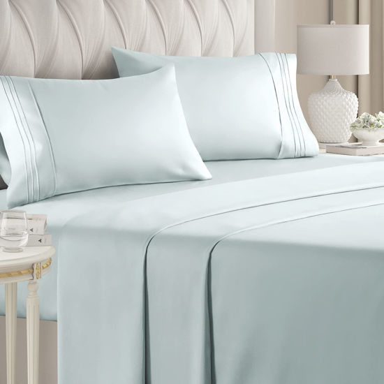 Picture of California King Size Sheet Set - Breathable & Cooling - Hotel Luxury Bed Sheets - Extra Soft - Deep Pockets - Easy Fit - 4 Piece Set - Wrinkle Free - Comfy - Ice Blue Bed Sheets - Cali King - 4PC