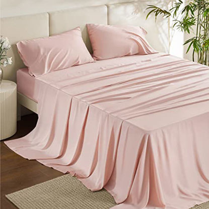 Picture of Bedsure Cooling Sheets Set, Rayon Made from Bamboo, Queen Sheet Set, Deep Pocket Up to 16", Hotel Luxury Silky Soft Breathable Bedding Sheets & Pillowcases, Pink