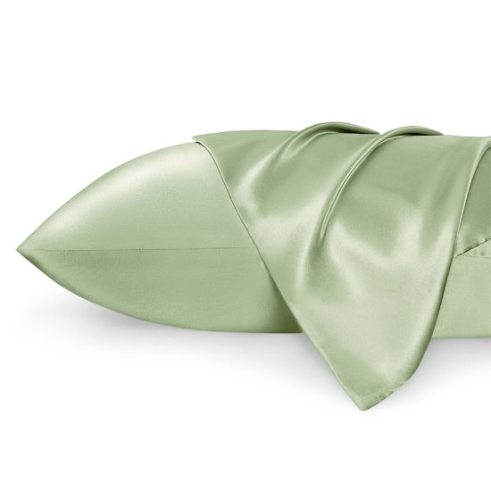 Picture of Bedsure Satin Pillowcase Standard Set of 2 - Sage Green Silk Pillow Cases for Hair and Skin 20x26 Inches, Satin Pillow Covers 2 Pack with Envelope Closure, Gifts for Women Men