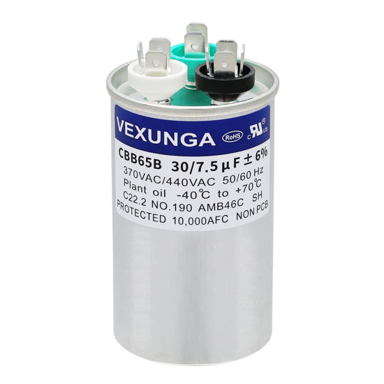 Picture of VEXUNGA 30/7.5 uF 30+7.5 MFD 370V or 440V Dual Run Start Round A/C Capacitor CBB65 CBB65B Air Conditioner Capacitors for AC Unit Fan Motor Start or Heat Pump or Condenser Straight Cool