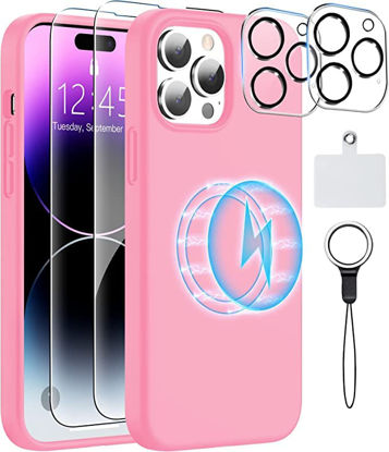 Picture of MOZOTER 6-in-1 Magnetic Silicone Case for iPhone 14 Pro Max Case,[12 FT Shockproof Compatible with Magsafe][3 Pcs Glass Screen Protector+Camera Lens Protector] [Heavy Duty] Pink