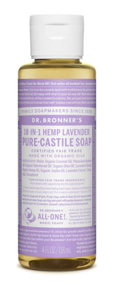 Picture of Dr. Bronner’s - Pure-Castile Liquid Soap (Lavender, 4 ounce) - Made with Organic Oils, 18-in-1 Uses: Face, Body, Hair, Laundry, Pets and Dishes, Concentrated, Vegan, Non-GMO