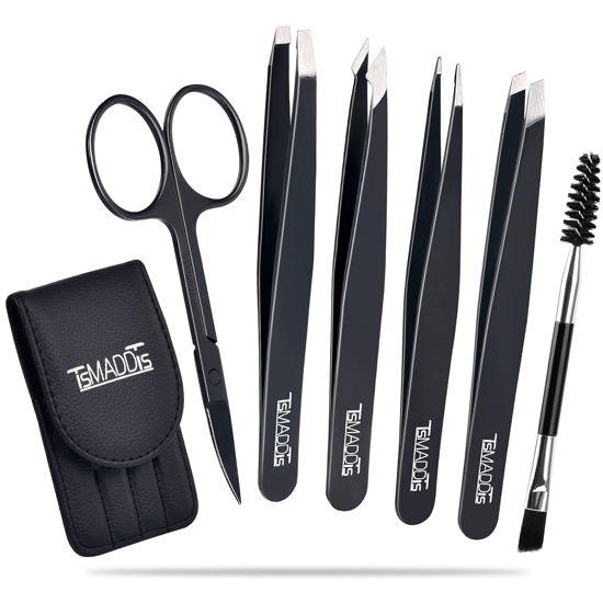 Picture of Tweezers Set and Curved Scissors, TsMADDTs Professional Stainless Steel Tweezers for Women and Men, 6 Pack Precision Tweezers For Eyebrows for Ingrown Hair, Daily Beauty Tool with Leather Travel Case