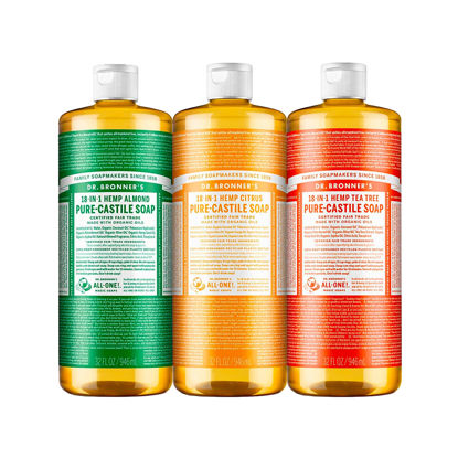 Picture of Dr. Bronner's - Pure-Castile Liquid Soap (32 oz Variety Pack) Almond, Citrus, & Tea Tree - Made with Organic Oils, 18-in-1 Uses: Face, Body, Hair, Laundry, Pets and Dishes | 3 Count