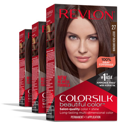 Picture of Revlon Permanent Hair Color, Permanent Brown Hair Dye, Colorsilk with 100% Gray Coverage, Ammonia-Free, Keratin and Amino Acids, Brown Shades (Pack of 3)