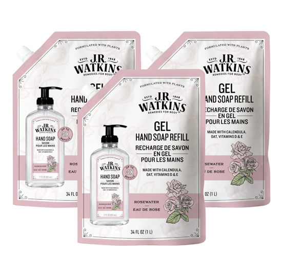 Picture of J.R. Watkins Gel Hand Soap Refill, Moisturizing Hand Wash, All Natural, Alcohol-Free, Cruelty-Free, USA Made, Rosewater, 34 Fl Oz, 3 Pack