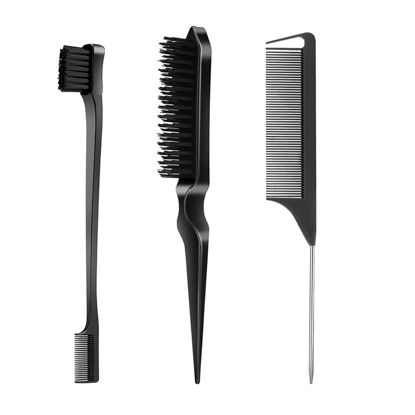 Picture of SWEET VIEW 3 Pcs Slick Back Hair Brush Set with 1 Pcs Edge Brush 1 Pcs Bristle Hair Brush 1 Pcs Rat Tail Comb, Teasing Brush for Smoothing Baby Hair & Flyaways - Black