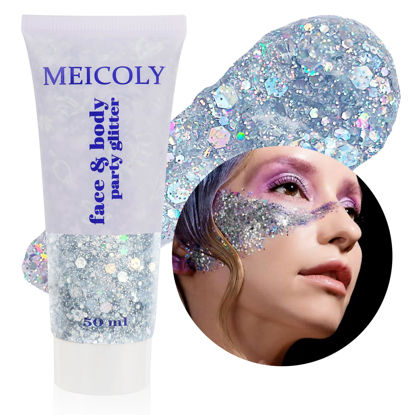 Picture of MEICOLY Silver Body Glitter,Singer Concerts Face Glitter Gel,Mermaid Sequins Liquid Holographic,Face Eye Lip Hair Chunky Festival Rave Accessories Makeup,Sparkling Body Glitter Gel for Women,50ml