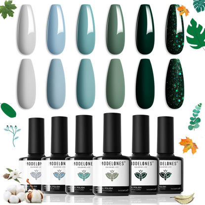 Picture of modelones Blue Green Gel Nail Polish Set - 6 Colors Misty Gray Dark Green Glitter Gel Polish Kit Sage Green Baby Blue Nail Gel Polish Soak Off LED Nail Lamp Gel Nail Kit DIY Home Nails Manicure Gifts