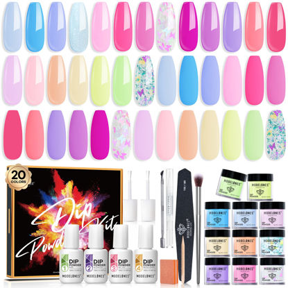 Picture of Modelones 32 Pcs Dip Powder Nail Kit Starter, 20 Colors Summer Neon Rainbow Pastel Macaron Pink Baby Blue Dipping Powder System Liquid Set with Base Top Coat Activator for Pride Nail Art All-in-One Manicure DIY Salon Gift