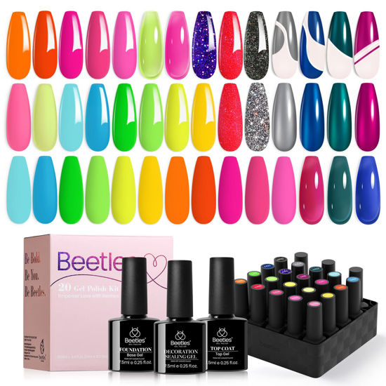 Picture of Beetles 20 Colors Gel Art Kit with 3Pcs Base Gel Glossy Top Coat and Nail Glue 4Pcs Mirror Effect Metal Gel Nail Polish Jelly Gel Polish for Diy Spring Summer Manicure Nails Glitter for Girls Women