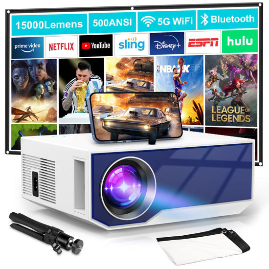 Picture of Projector with Wifi and Bluetooth, Native 1080P 15000Lumens 500 ANSI 4K Mini Projector, Portable Projector Video Projector Compatible with Iphine Android Phone TV Stick (Tripod and Screen Included)