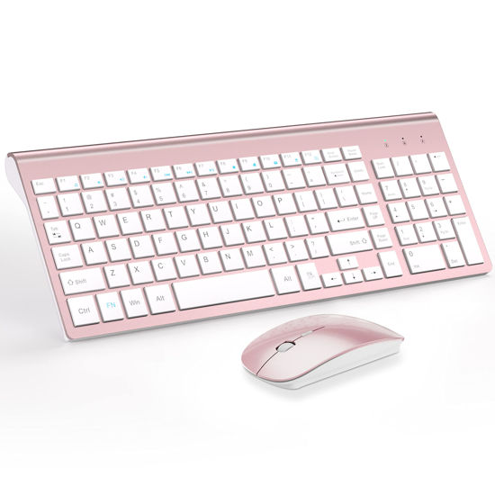 Picture of Wireless Keyboard and Mouse Ultra Slim Combo, TopMate 2.4G Silent Compact USB 2400DPI Mouse and Scissor Switch Keyboard Set with Cover, 2 AA and 2 AAA Batteries, for PC/Laptop/Windows-Rose Gold White