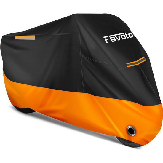 Picture of Favoto Motorcycle Cover Universal Heavy Duty Oxford Fabric with Lock-Hole 3 Night Reflectors Windproof Buckles Carrying Bag Waterproof Rain Dust Sun Outdoor Protection, Black-Orange, 104 inch