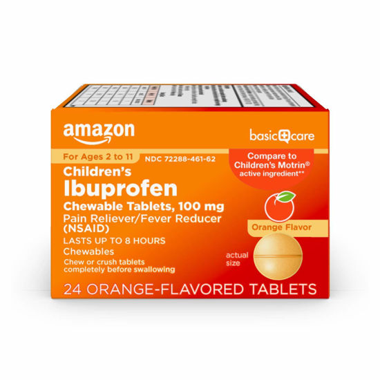 Picture of Amazon Basic Care Children's Ibuprofen Chewable Tablets, 100 mg, Pain Reliever and Fever Reducer, Orange Flavor, For Aches, Pains, Sore Throat, Toothache and Headache Relief, 24 Count