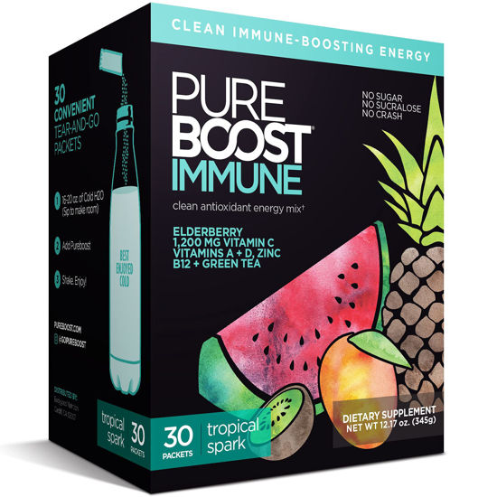 Picture of Pureboost Immune Clean Energy Drink Mix: Immunity Supplement with Elderberry, 1200 mg Vitamin C, Vitamins A + D, Zinc, 28 Vitamins, Minerals and Supernutrients (Tropical Spark, 30 Count)