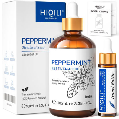 Picture of HIQILI Peppermint Essential Oil, 100% Pure Natural Organic Therapeutic Grade for Diffuser, Hair, Massage, Add to Spray, Shampoo, Conditioner, Massage Oil - 3.38 Fl. Oz