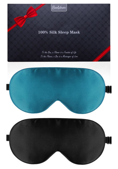 Picture of Silk Sleeping Mask, 2 Packs 100% Real Natural Silk Eye Mask with Adjustable Straps, Eye Sleeping Mask, BeeVines Summer Travel Eye Sleeping Mask to Reduce Puffy Eyes (Black & Peacock Blue)