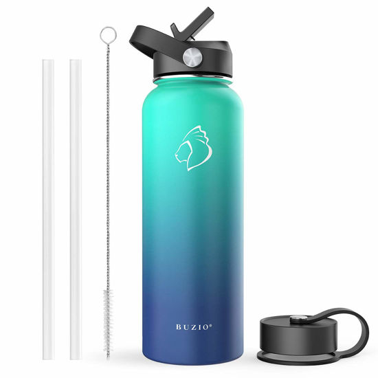 Picture of BUZIO Double Wall Stainless Steel Sports Wide Mouth Water Bottle, BPA-Free Flex Cap and Straw Lid, 40 Ounces & 32 Ounces Water Bottle, Sea Breeze