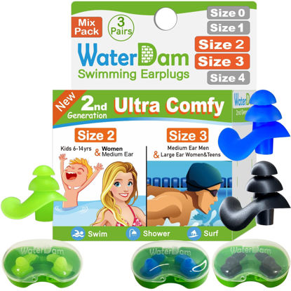 Picture of WaterDam Swimming Ear Plugs Great Waterproof Ultra Comfy Earplugs Prevent Swimmer's Ear (Size 2+3+3: Small Ear Men & Large Ear Teens Women (Green Blue Black))