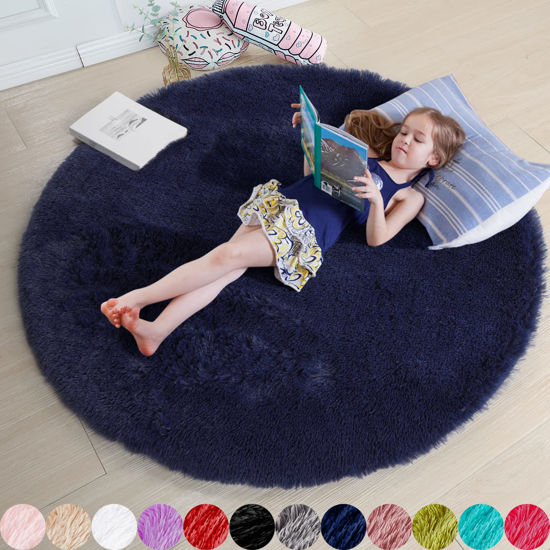 Picture of Amdrebio Dark Navy Rug for Bedroom,Fluffy Circle Rug 4'X4' for Kids Room,Furry Carpet for Teen's Room,Shaggy Circular Rug for Nursery,Fuzzy Plush Rug for Dorm,Indigo Carpet,Cute Room Decor for Baby