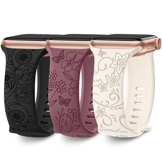 Picture of 3 Pack Floral Engraved Bands Compatible with Apple Watch Band 40mm 41mm 38mm 42mm 44mm 45mm 49mm Women,Soft Silicone Cute Wildflowers Sport Laser Strap for iWatch Bands Series Ultra SE 8 6 5 4 3 2 1