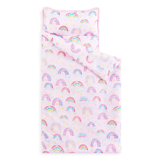 Picture of Wake In Cloud - Extra Long Nap Mat with Removable Pillow for Kids Toddler Boys Girls Daycare Preschool Kindergarten Sleeping Bag, Rainbows and Clouds Printed on Pink,100% Soft Microfiber