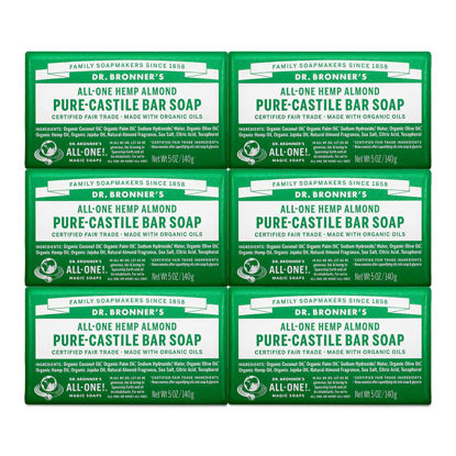 Picture of Dr. Bronner's - Pure-Castile Bar Soap (Almond, 5 oz, 6-Pack) - Made with Organic Oils, For Face, Body & Hair, Gentle & Moisturizing, Biodegradable, Vegan, Cruelty-free, Non-GMO