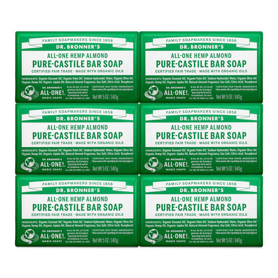 Picture of Dr. Bronner's - Pure-Castile Bar Soap (Almond, 5 oz, 6-Pack) - Made with Organic Oils, For Face, Body & Hair, Gentle & Moisturizing, Biodegradable, Vegan, Cruelty-free, Non-GMO