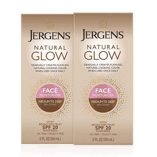 Picture of Jergens Natural Glow Face Self Tanner Lotion, SPF 20 Sunless Tanning, Medium to Deep Skin Tone Moisturizer, Daily Facial Sunscreen, Oil Free, Broad Spectrum Protection, 2-2 oz