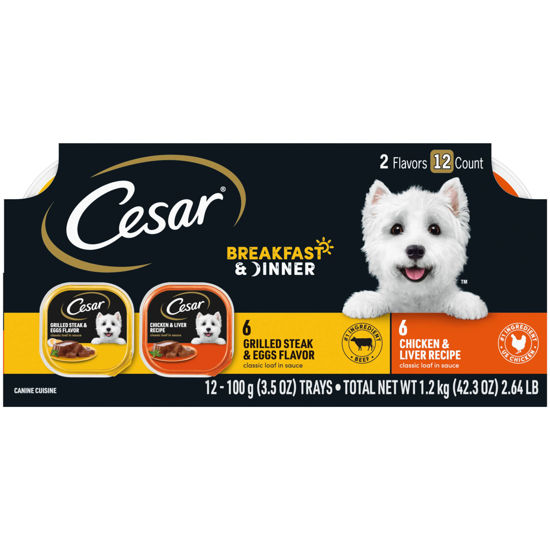 Picture of CESAR Adult Wet Dog Food Classic Loaf in Sauce Breakfast and Dinner Mealtime Variety Pack, 3.5 oz. Easy Peel Trays, Pack of 12