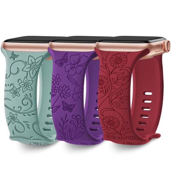 Picture of 3 Pack Floral Engraved Bands Compatible with Apple Watch Band 40mm 41mm 38mm 42mm 44mm 45mm 49mm Women,Soft Silicone Cute Wildflowers Sport Laser Strap for iWatch Bands Series Ultra SE 8 6 5 4 3 2 1