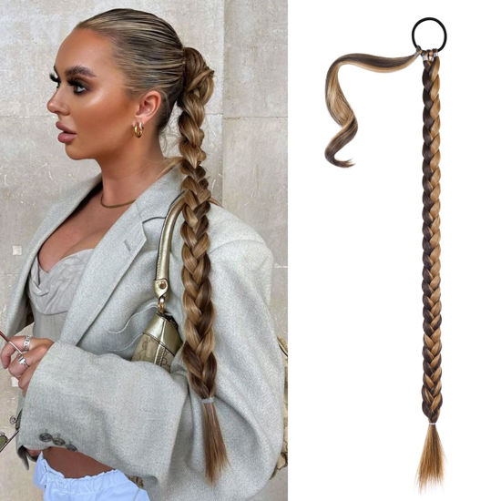 Picture of SEIKEA Long DIY Braided Ponytail Extension with Hair Tie Straight Wrap Around Hair Extensions Ponytail Natural Soft Synthetic Hairpiece Chocolate Brown with Blonde 30 Inch (After Braided 27 Inch)