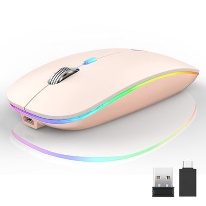 Picture of Uiosmuph LED Wireless Mouse, G12 Slim Rechargeable Wireless Silent Mouse, 2.4G Portable USB Optical Wireless Computer Mice with USB Receiver and Type C Adapter (Nude Pink)