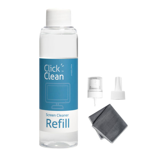 Picture of Click Clean Screen Cleaner Refill Kits - 4 oz Cleaner Refill and 1 Microfiber Cloth(7.8 x 7.8in), 1 Mini Refill Funnel + 1 Sprayer - Specially Designed for Click Clean Cleaning Products