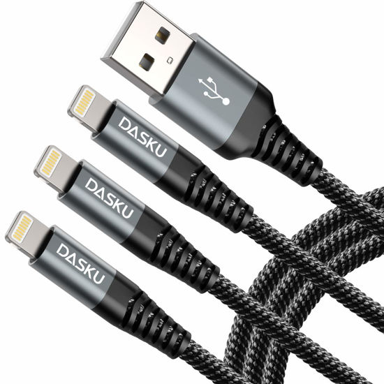 Picture of Dasku Lightning Cable 3ft 3Pack Nylon Braided Heavy Duty iPhone Charger Cord Black Compatible with 14/13 / 12/11 Pro Max/X/Xs Max/Xr /8 Plus/ 7 6S Plus 6 Plus/iPad Mini/Air