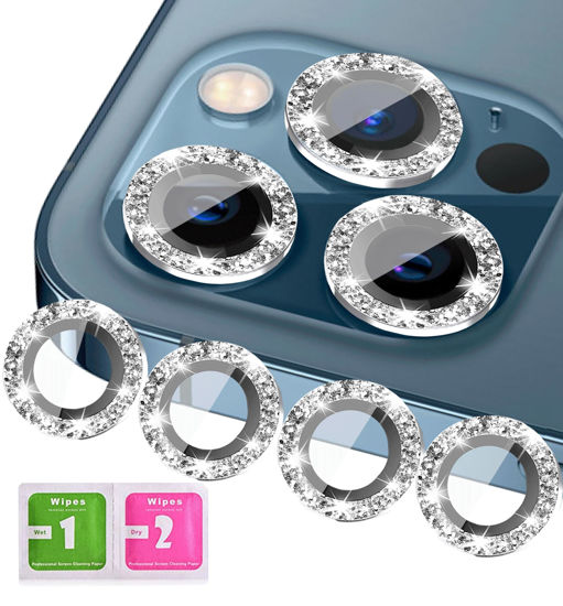 Picture of KONVOK [3+1 Compatible with iPhone 12, 12 mini, 12 Pro Camera Lens Protector Glitter Bling, Tempered Glass Clear Camera Cover Screen Protector Metal Ring Accessories, Case Friendly (Silver)