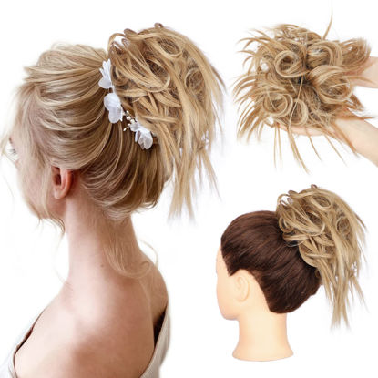 Picture of HMD Tousled Updo Messy Bun Hairpiece Hair Extension Ponytail with Elastic Rubber Band Updo Ponytail Hairpiece Synthetic Hair Extensions Scrunchies Ponytail Hairpieces for Women (Tousled Updo Bun, Strawberry Blonde & Bleach Blonde)