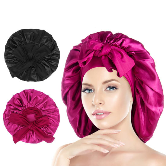 Picture of Arqumi Pack of 2 Satin Sleeping Bonnet, Large Satin Sleep Bonnet with Long Strap, Adjustable Sleep Cap Hair Bonnet for Women & Men, Black+Rosy