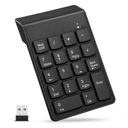 Picture of Wireless Number Pad, 18 Key Numeric Keypads with 2.4G Mini USB Receiver, Financial Accounting Numpad for Laptop, Desktop, Notebook, PC, Surface Pro