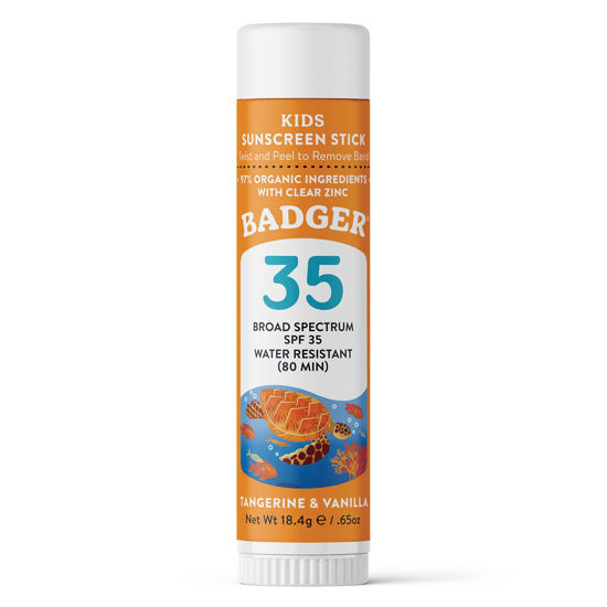 Picture of Badger Kids Sunscreen Stick SPF 35 with Mineral Zinc Oxide, Travel Size Sunscreen Stick for Kids, 97% Organic Ingredients, Reef Friendly, Broad Spectrum, Water Resistant, 65 oz