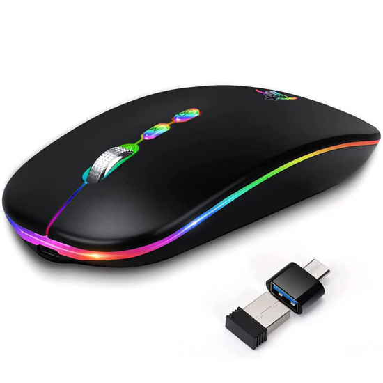 Picture of HOTLIFE LED Wireless Mouse, Slim Rechargeable Silent Portable USB Optical 2.4G Wireless Bluetooth Two Mode Computer Mice with USB Receiver and Type C Adapter (Black)